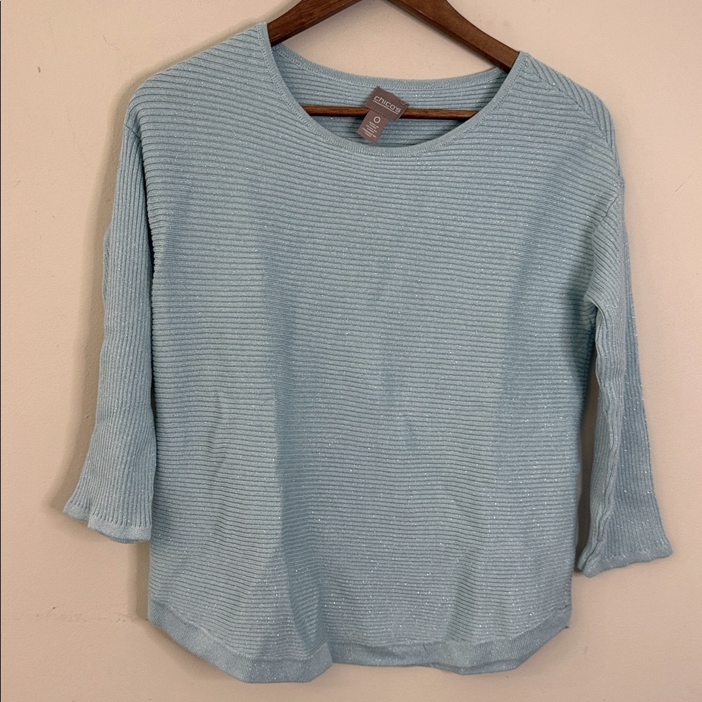 Chico's Soft teal metallic sweater rounded hem ribbed texture scoop neck SZ 0/XS